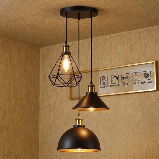 3 flammige Bistro Clusterleuchte – Vintage Industrie Hängelampe | E27 ~4170