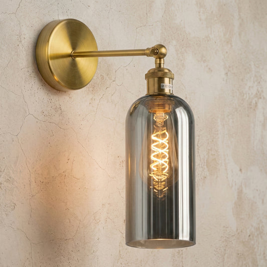 Vintage Verstellbare Wandleuchte Rauchglas | Retro Wandlampe Messing E27~3658