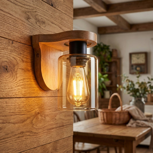 Vintage Wandleuchte Holz E27 | Zylinder Bernsteinglas Schirm Wandlampe~3692