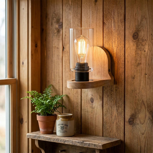Skandi Holz Wandleuchte mit Klarglas – E27 Vintage Wandlampe für Landhaus ~3697