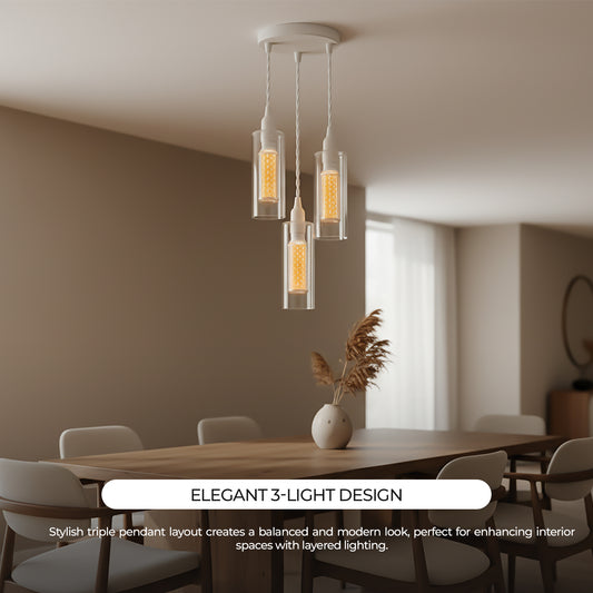 3-flammiges Pendelleuchten-Set aus klarem Glas, E14-LED, 1 m weißes Kabel~3772