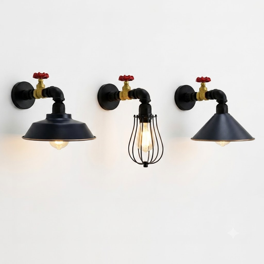 Wasserrohr Wandleuchte Steampunk Schwarz | Loft Bar Wandlampe Metall~3880