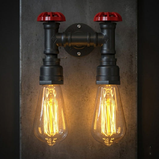 Industrie Steampunk Doppelrohr Wandleuchte Rot Ventile E27~3774