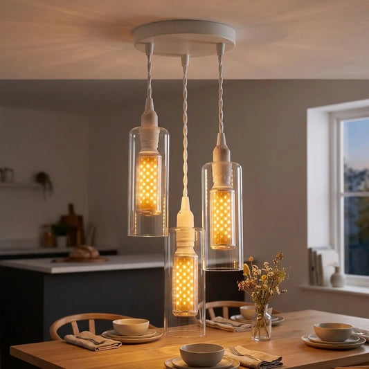 Set di 3 lampade a sospensione in vetro trasparente, LED E14, cavo bianco da 1 m~3772