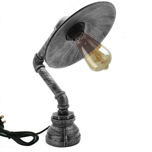 Industrielle Vintage Retro-Stahlrohr-Schreibtisch-Tischlampe mit flachem Schirm aus gebürstetem Silber lidsone.com-1