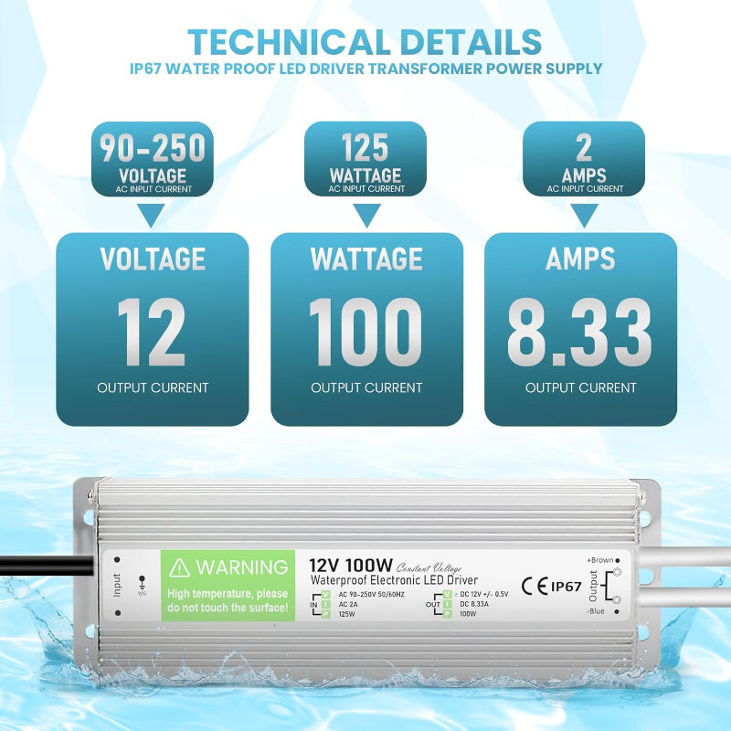 12v ip67 100w led driver