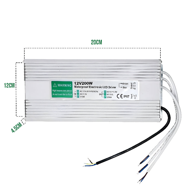 12v ip67 200w size 
