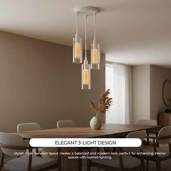 3-flammiges Pendelleuchten-Set aus klarem Glas, E14-LED, 1 m weißes Kabel~3772