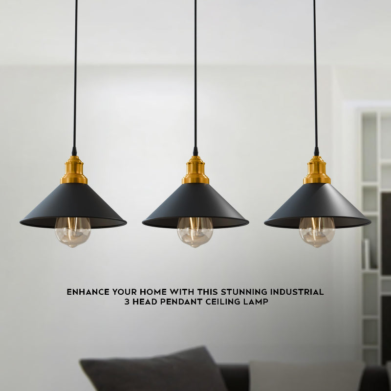 3-flammige Pendellampe in Schwarz/Gold