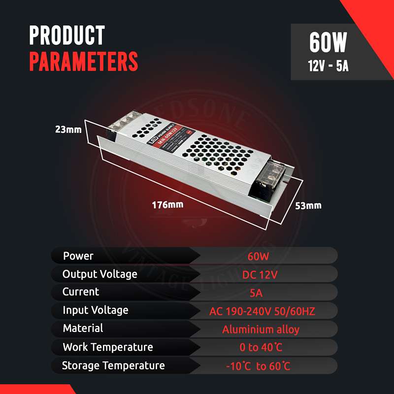 LED transformer 12V/60W/5A with protection class IP20 power supply