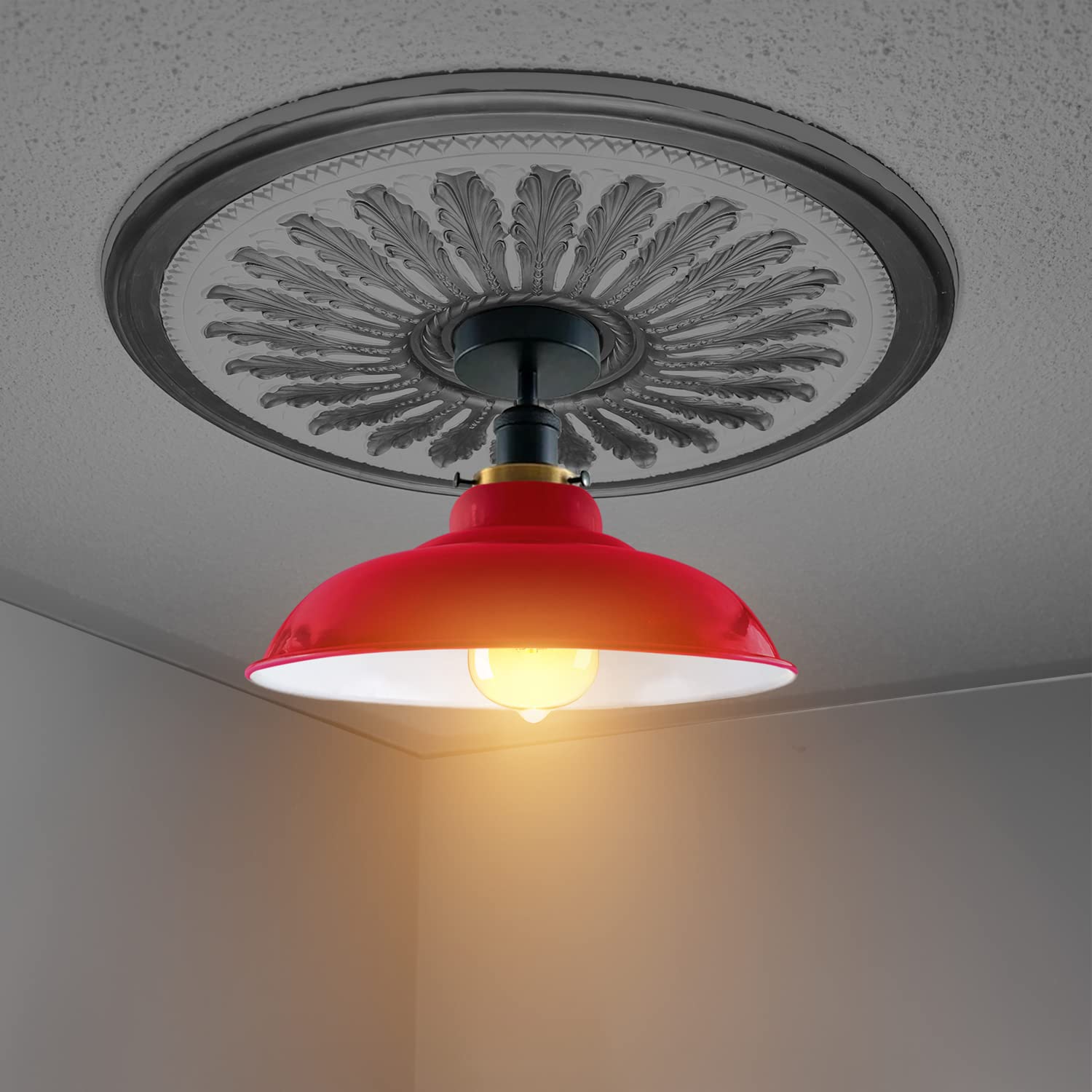 Industrial Vintage Semi Unterputz Deckenbeleuchtung Deckenlampe Metall Schüssel Form Downlight Grün Lampenschirm Wohnzimmer Innen Dekoration E27 Sockel