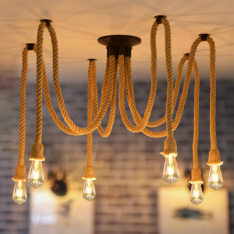 8-flammige Spinnenlampe Hanfseil Retro