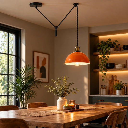 Seilzug-Pendelleuchte Orange | Vintage Höhenverstellbare Esszimmer-Lampe ~3066