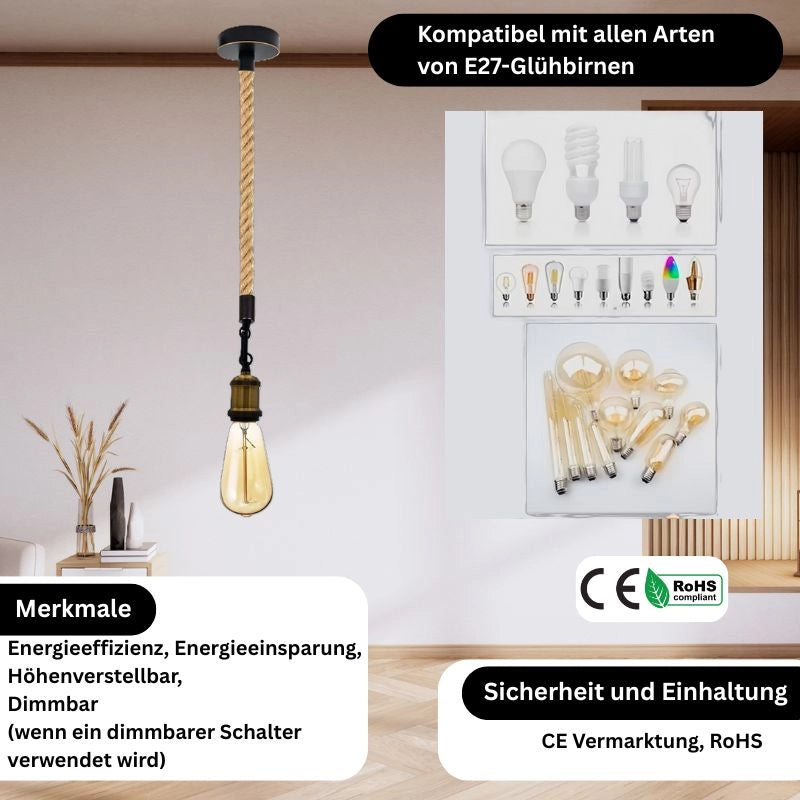 Hanfseil Hängelampe Nahaufnahme Fassung E27 Retro-Stil