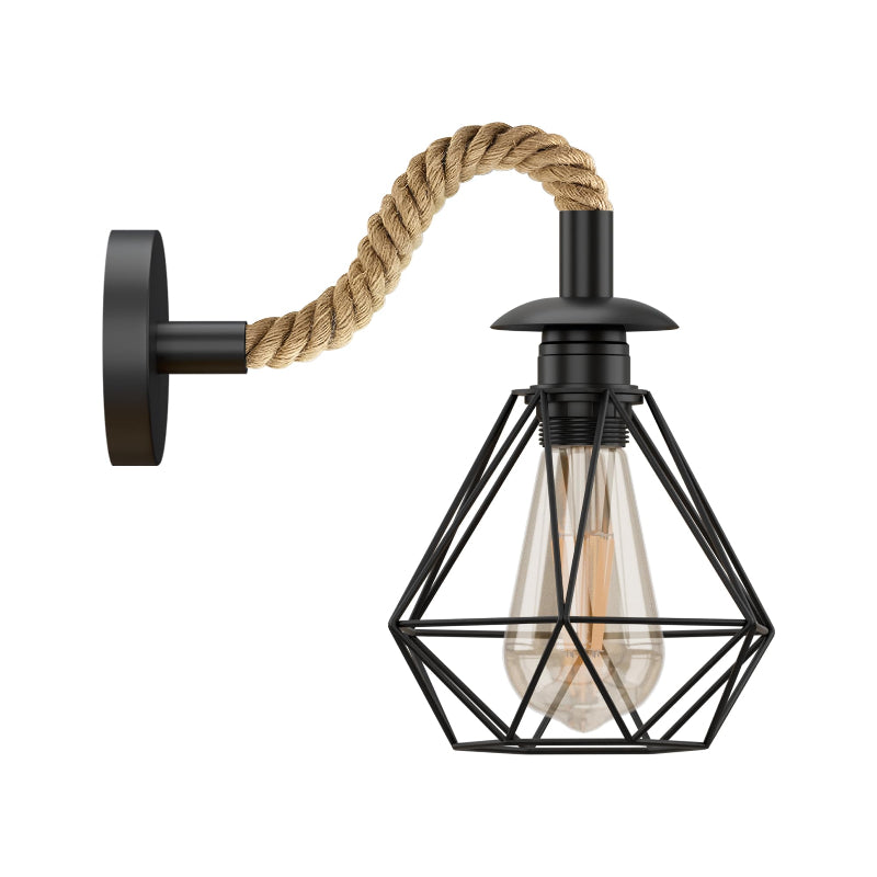 Retro Industrial Hanfseil Wandlampe mit schwarzem Metallkäfig