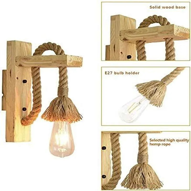  Holz Hanfseil Wandleuchte E27 12cm Käfigschirm