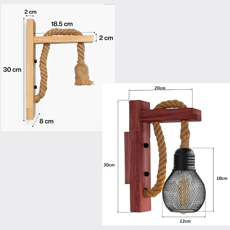  Holz Hanfseil Wandleuchte E27 12cm Käfigschirm