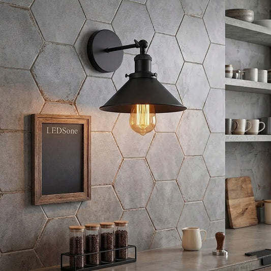 Industrielle verstellbare Wandleuchte, schwarzer Retro-Metallkäfig ~3296