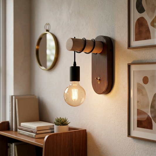 Vintage Wandleuchte Holz mit Kippschalter & E27 Glühbirne Retro Wandlampe~3656