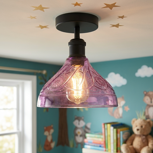Vintage Deckenleuchte E27 Bunte Reliefglas - Retro Halbbündig Deckenlampe ~3659