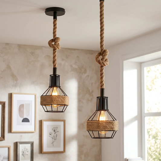 Lampada a sospensione geometrica in corda di canapa nera con luce a sospensione regolabile 1 luce~2678