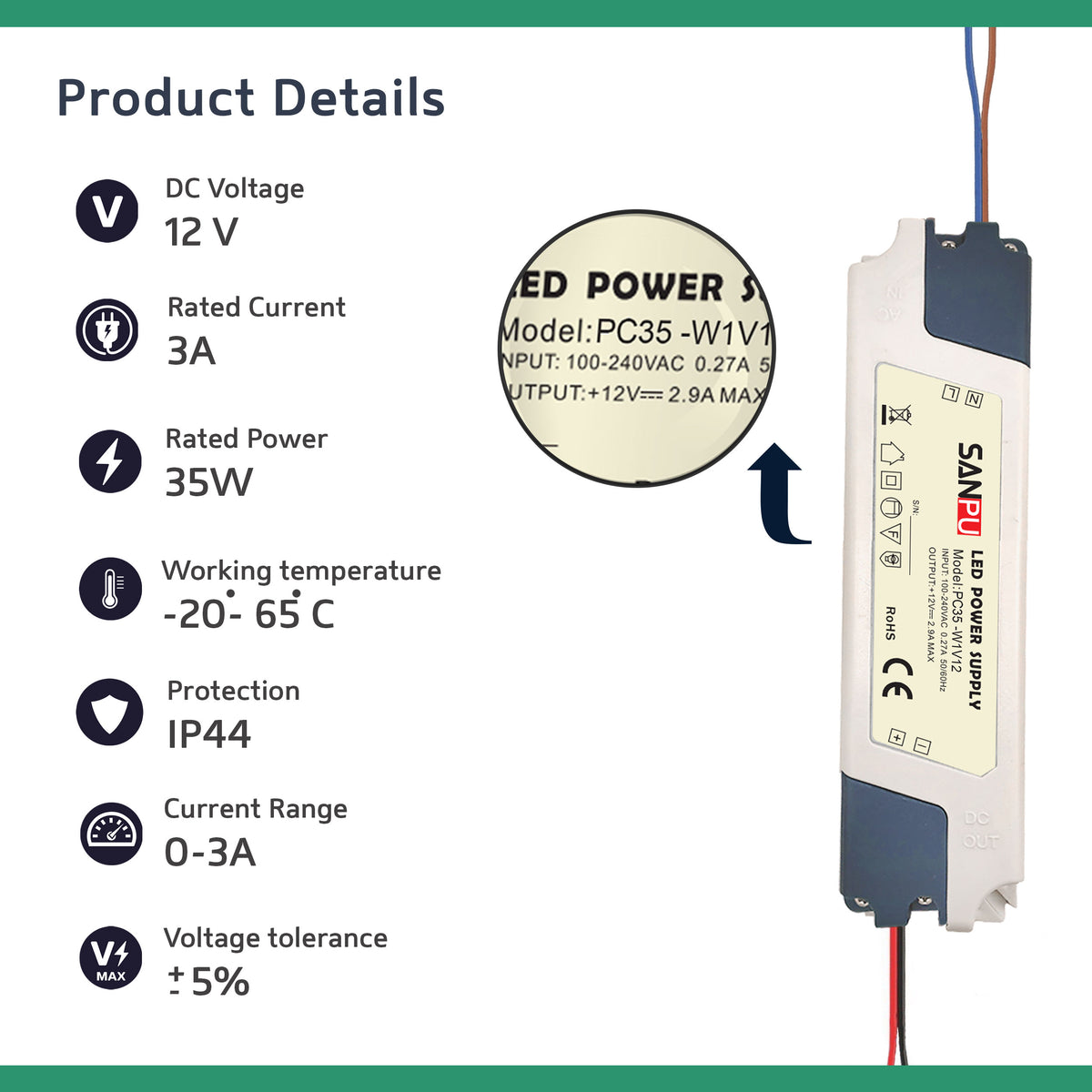 35 W 2,9 Amp Kompakter Sanpu LED-Treiber AC 230 V bis DC 12 V Netzteiltransformator