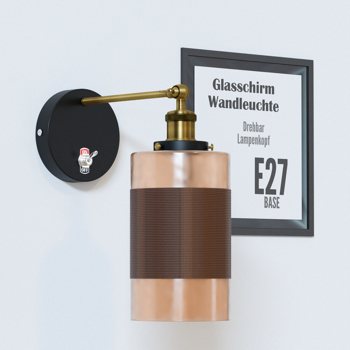 Vintage Messing Wandlampe mit verstellbarem Arm und weiß-braunem Lampenschirm, E27 Fassung, 60W für Innenräume, einfache Installation.