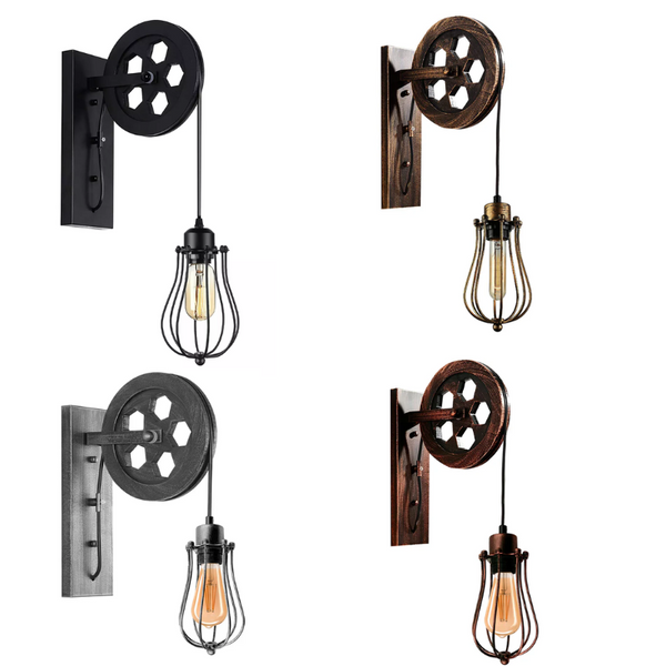 Vintage Wandlampe mit Riemenscheibe & Käfig-Schirm ~3171