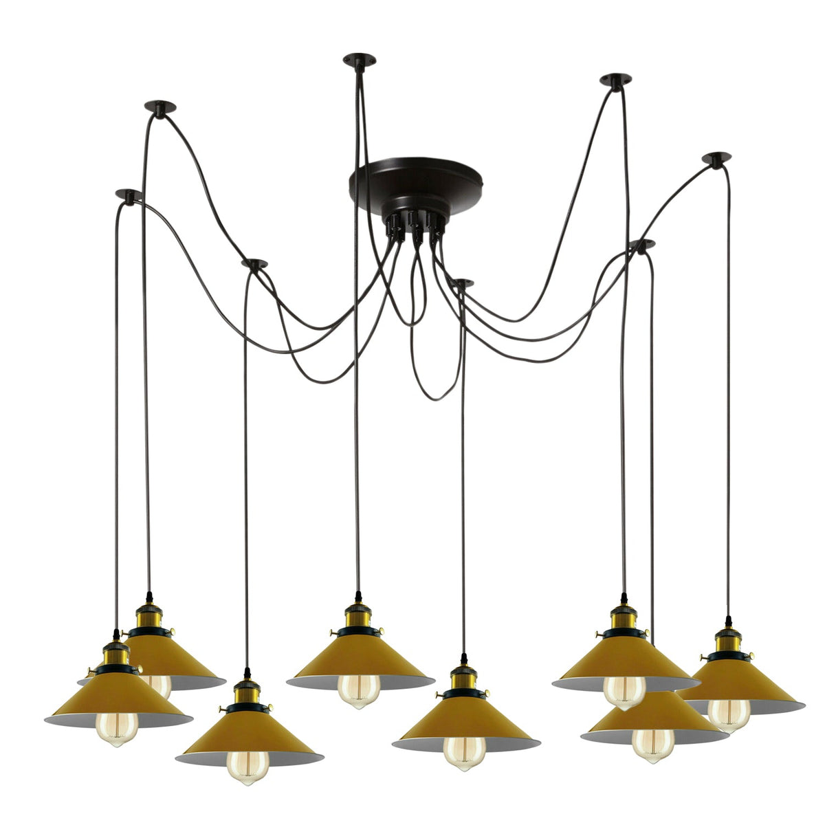 Moderne große Spinne geflochtene Pendelleuchte 8 Köpfe Cluster von hängenden gelben Kegelschirmen Deckenleuchte Beleuchtung