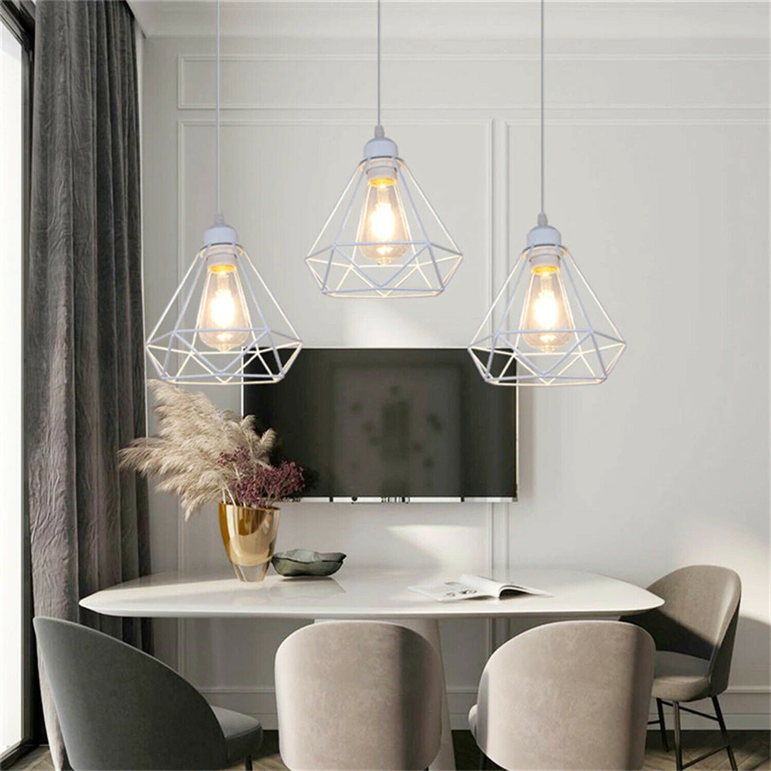 Rechteckige Basis 3 Steckdose Retro Industrial Weiß Diamond Cage Deckenpendelleuchte Hängende Innenbeleuchtung