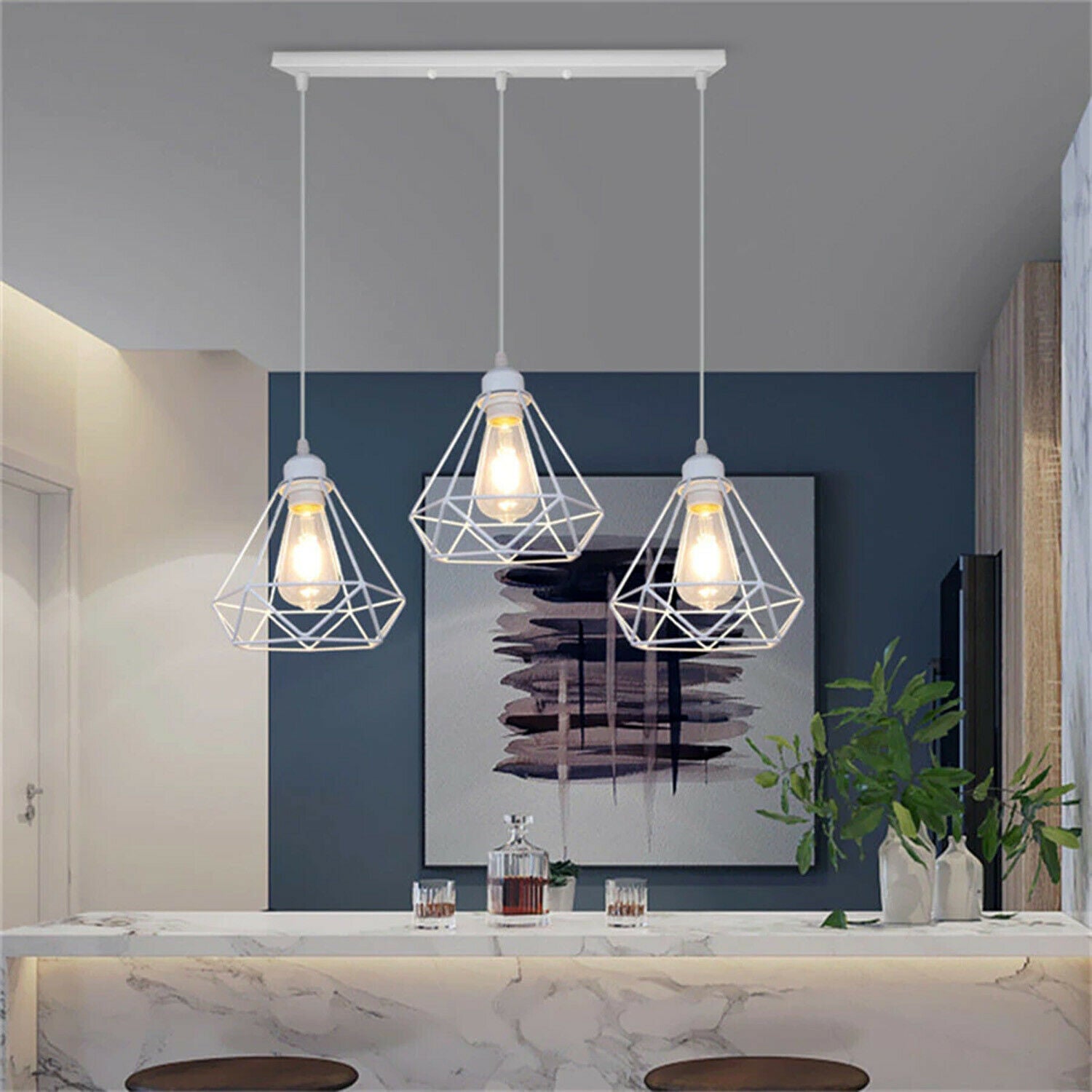 Rechteckige Basis 3 Steckdose Retro Industrial Weiß Diamond Cage Deckenpendelleuchte Hängende Innenbeleuchtung