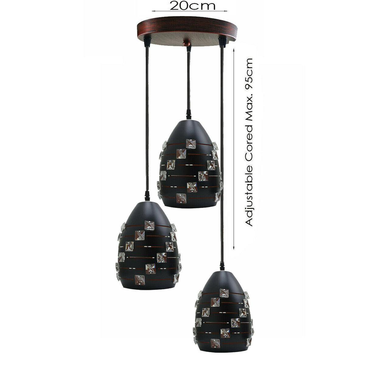 Retro Industrial Vintage 3-Kopf Pendelleuchte mit 95cm schwarzem verstellbarem Draht