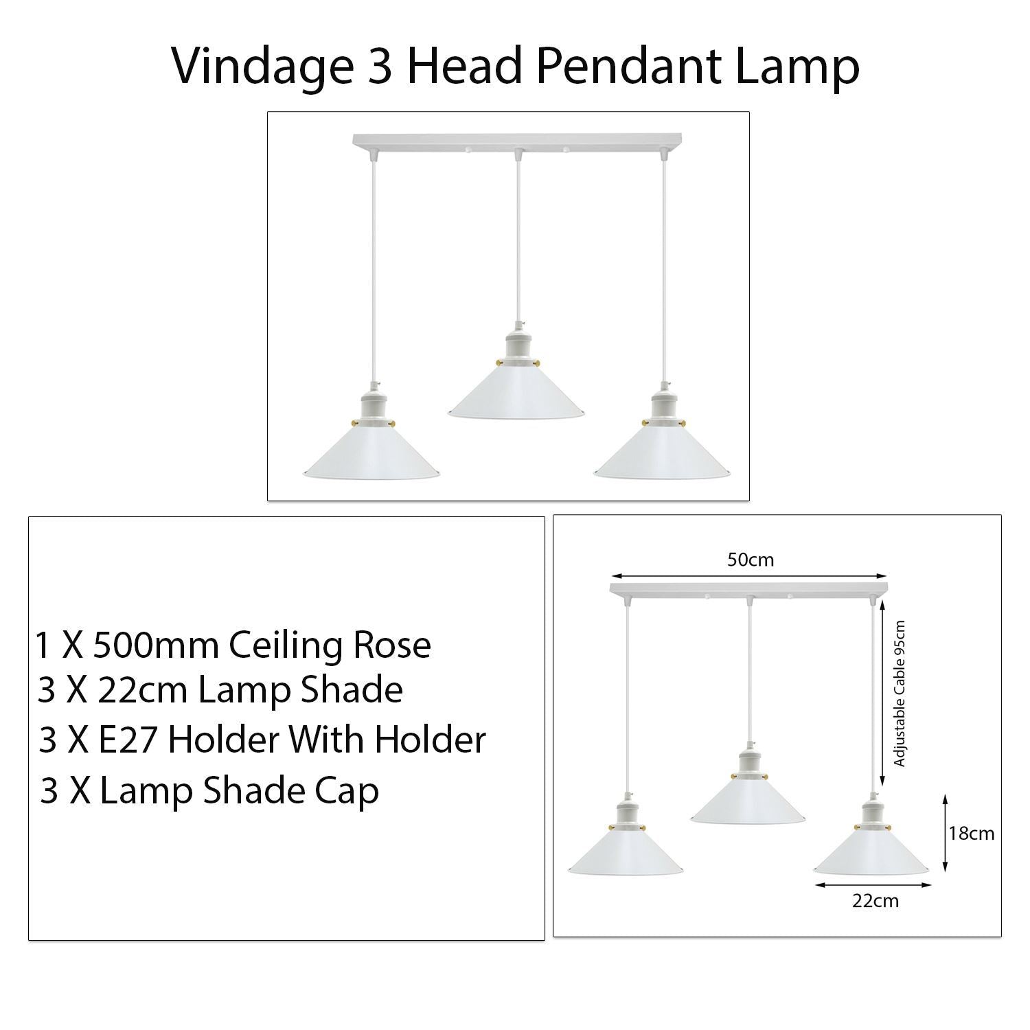 Vintage Industrial White 3-Wege hängende Pendelleuchte Indoor Deckenleuchte Metallkegelform Schirm für Schlafzimmer, Wohnzimmer, Küche