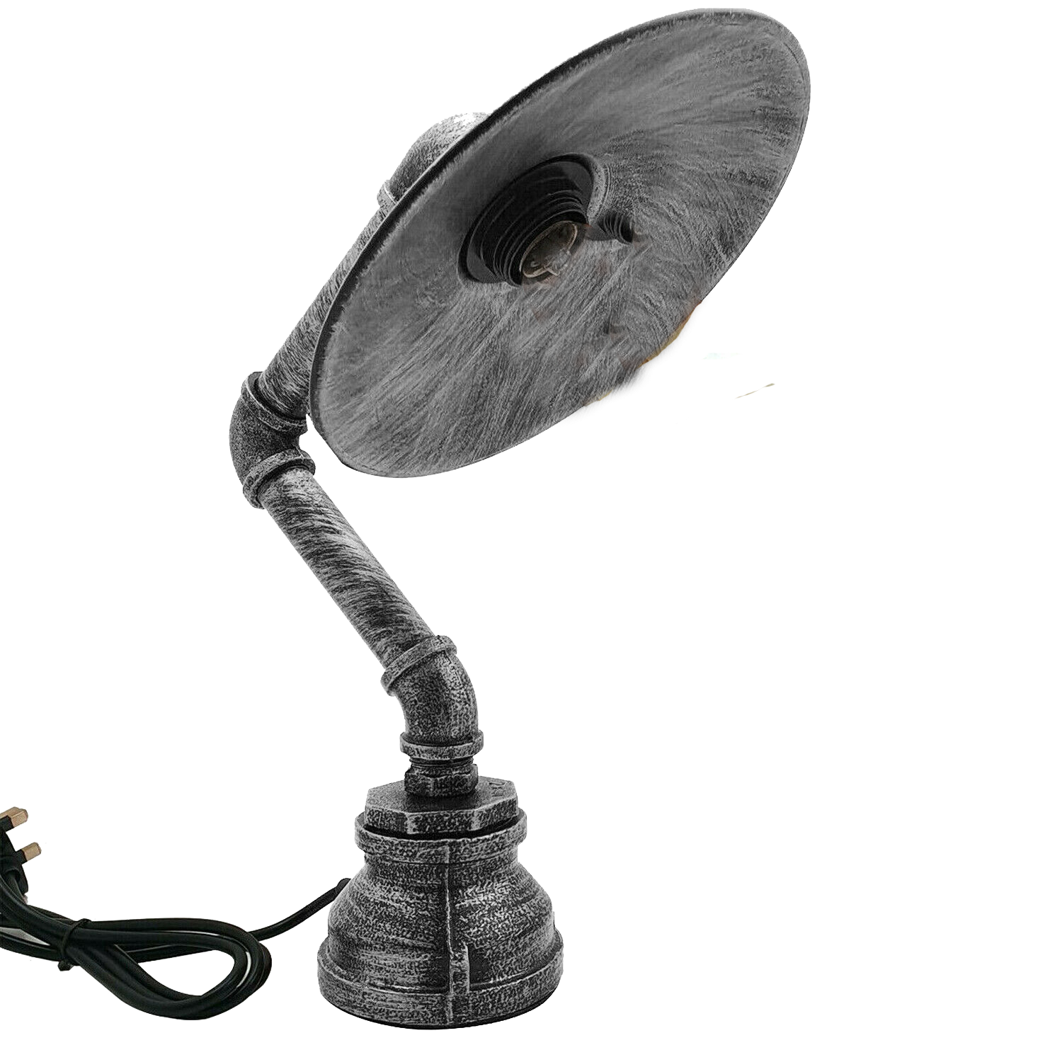 Industrielle Vintage Retro-Stahlrohr-Schreibtisch-Tischlampe mit flachem Schirm aus gebürstetem Silber lidsone.com-2